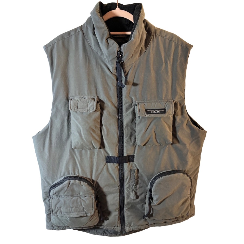 Nautica Jeans‎ Co Mens XL Utility Puffer Vest Olive Green Multi-Pocket Gorpcore